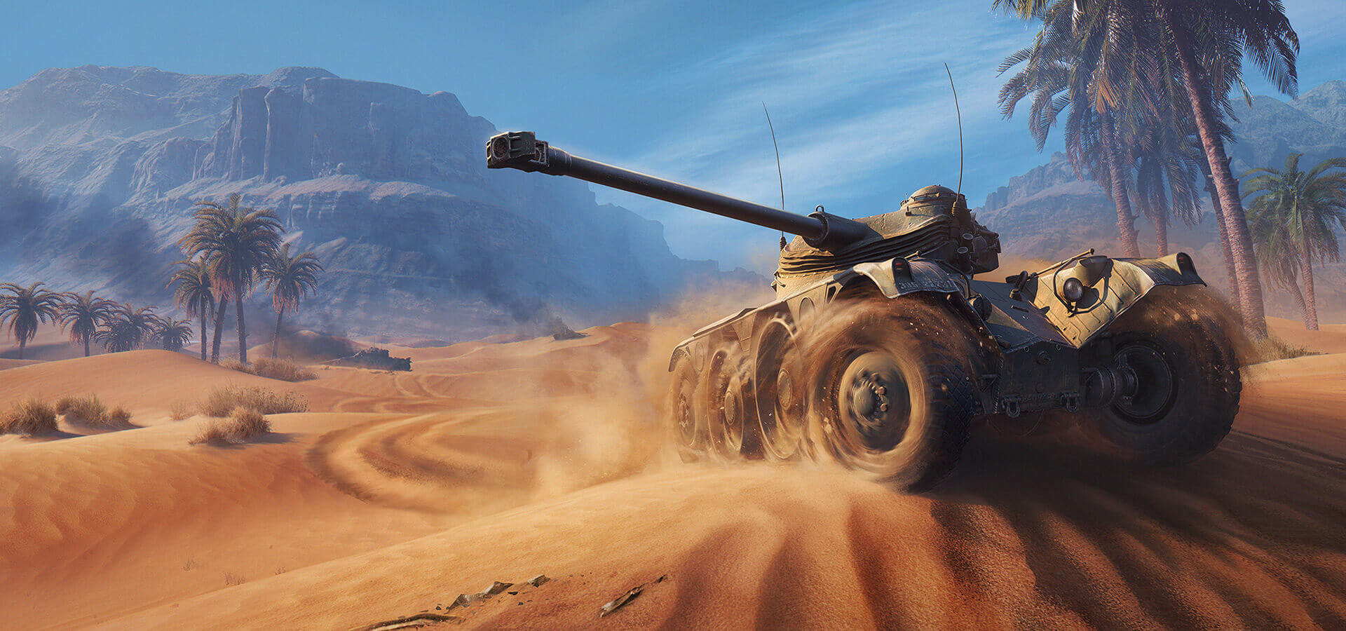 Танк едет по пустыне в WOT