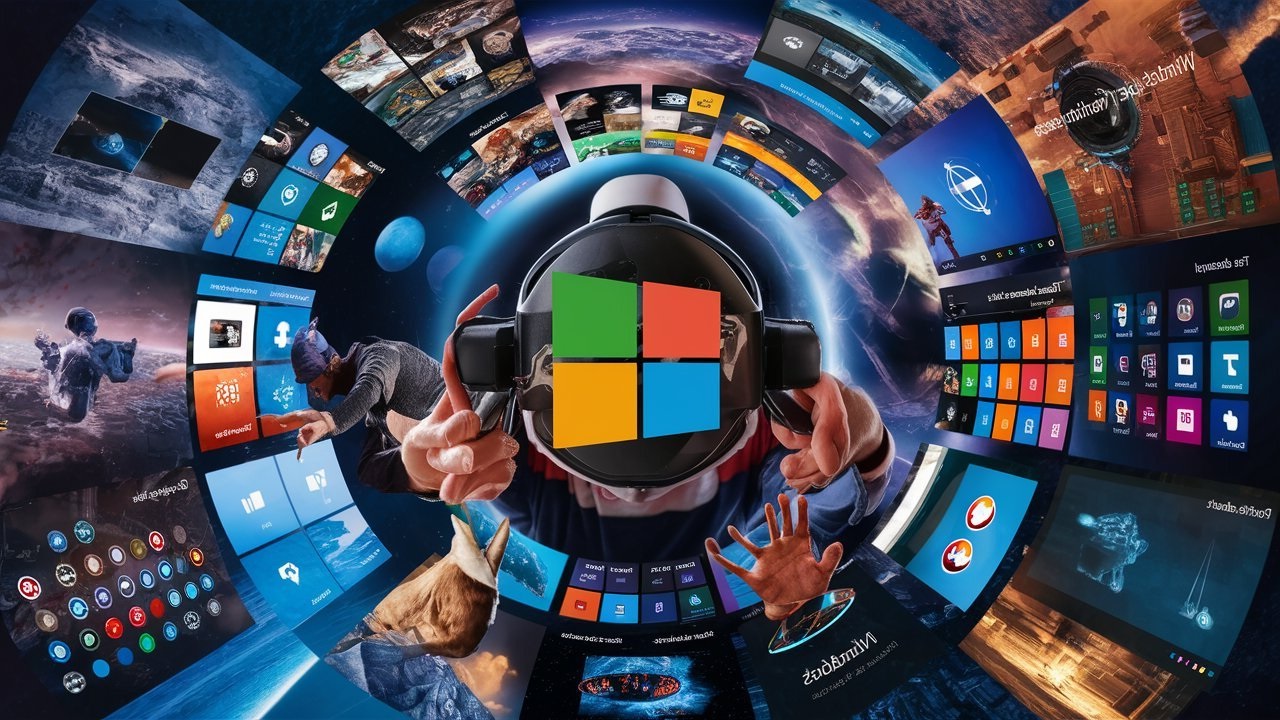 Значок майкрософта на фоне экранов